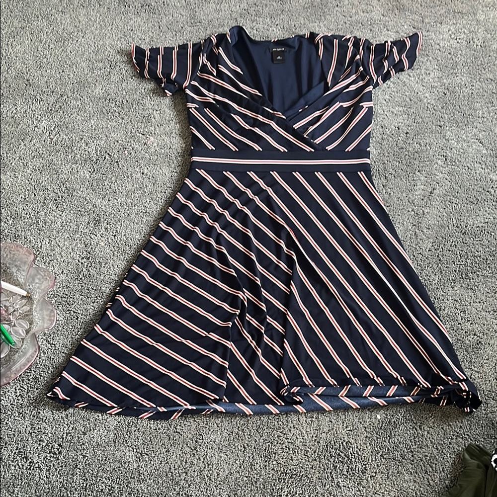 Ann Taylor Navy and Pink Striped Midi Dress